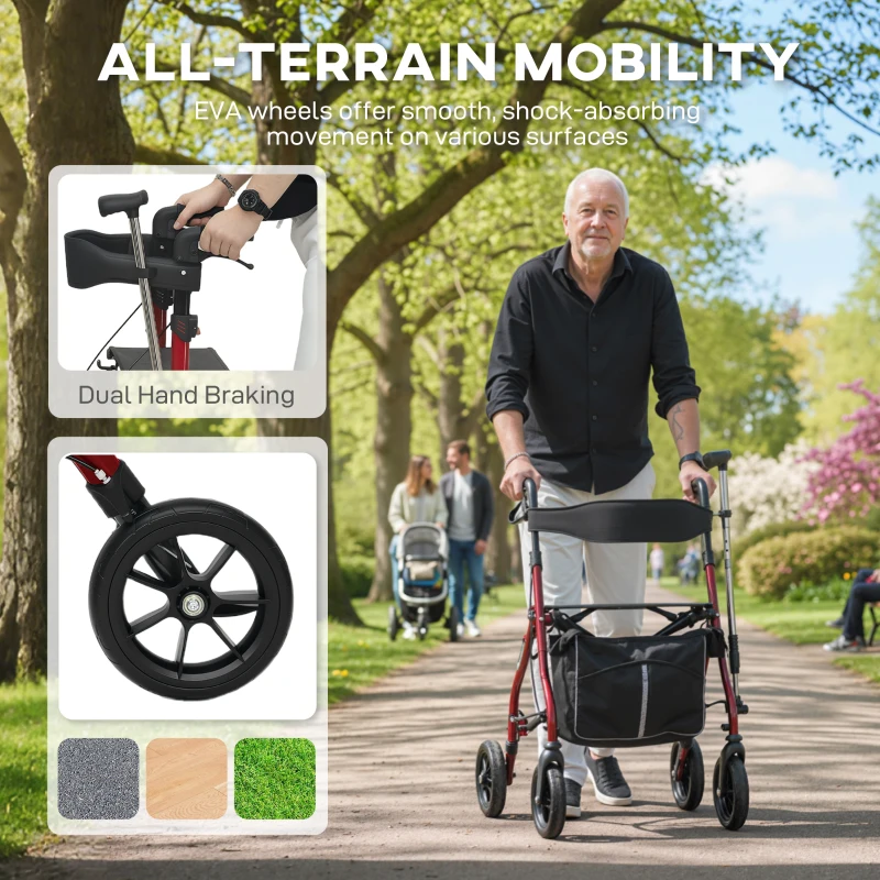HOMCOM Foldable Rollator Walker with Seat for Seniors, Lightweight Rolling Walker with Adjustable Handles, Red
