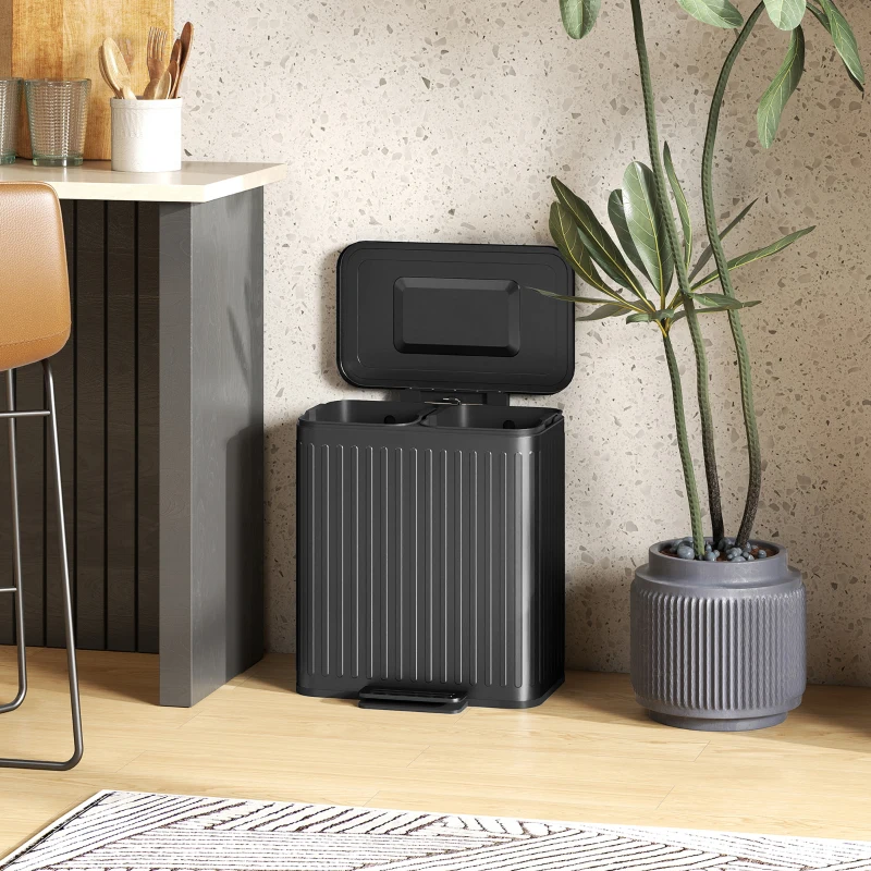 HOMCOM Trash Can with Lid, 2 x 5.3Gal Double Step-On Kitchen Trash Can, Removable Buckets, Black