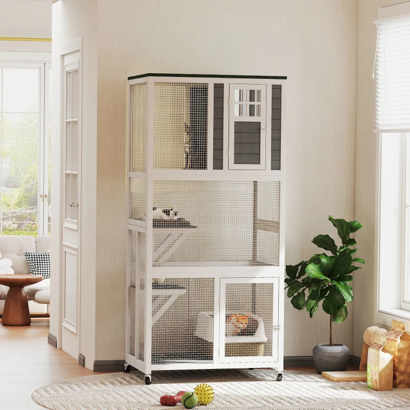 PawHut 74" Wooden Catio Outdoor Cat Enclosure Weatherproof & Wheeled, Outside Cat House with High Weight Capacity, Kitten Cage Condo, White