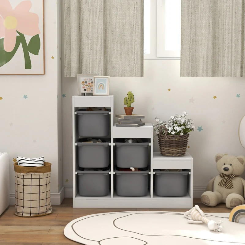 Qaba 3 Layers Kids Toy Storage Organizer with 6 Storage Bins, Kids Bookshelf for Ages 3-8 Years, Play Room, Bedroom, Gray