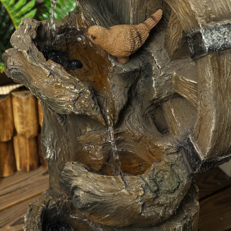 Outsunny Outdoor Water Fountain, Decorative Garden Birdhouse, 3-Tier Cascading Waterfall with LED Lights and Water Wheel