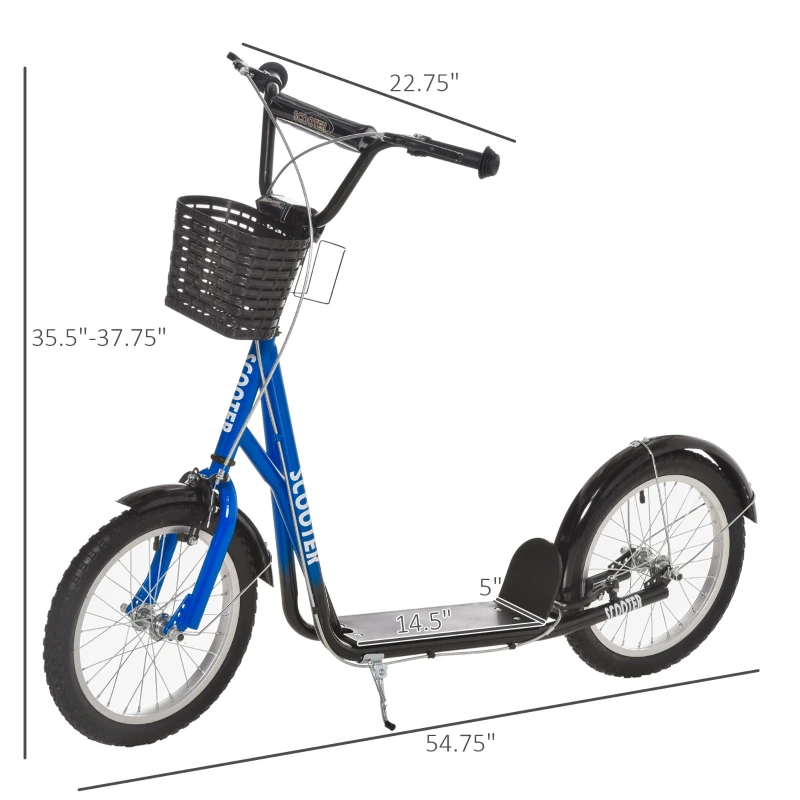 Aosom Youth Scooter, Kick Scooter with Adjustable Handlebars, Double Brakes, 16" Inflatable Rubber Tires, Basket, Blue