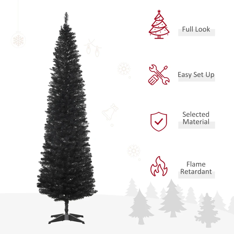 HOMCOM 7ft Unlit Pencil Artificial Christmas Tree with Realistic Branches and 499 Tips, Plastic Base, Black