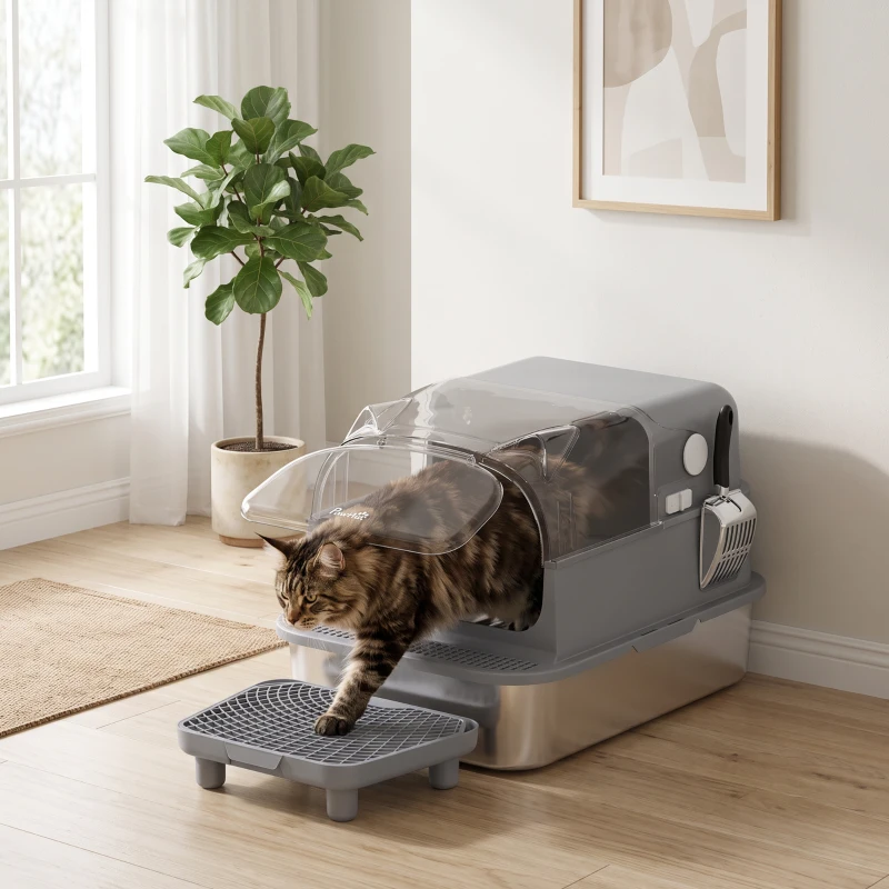 PawHut Stainless Steel Cat Litter Box with Flip Lid, XXL Enclosed Litter Box, High Sided, Step, Metal Scoop, 2 Deodorizing Bags