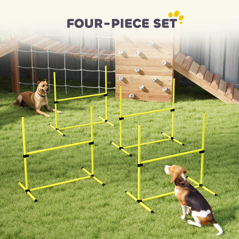 PawHut 4 Piece Dog Agility Set with Adjustable Height Jump Bars, Carry Bag, Displacing Top Bar, Yellow Yellow