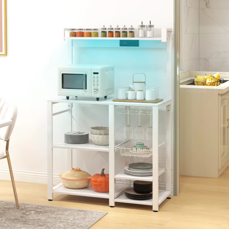 HOMCOM Industrial Kitchen Bakers Rack with Charging Station, RGB Lights, Glass Holders and Open Shelves, White