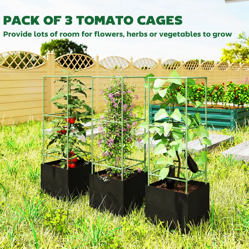 Outsunny 3 Packs Tomato Cages with 13.5 Gallon Grow Bags, Adjustable Square Plant Support Trellis