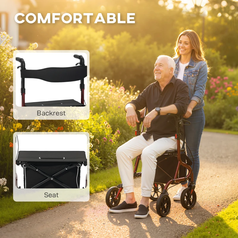 HOMCOM Foldable Rollator Walker with Seat for Seniors, Lightweight Rolling Walker with Adjustable Handles, Red