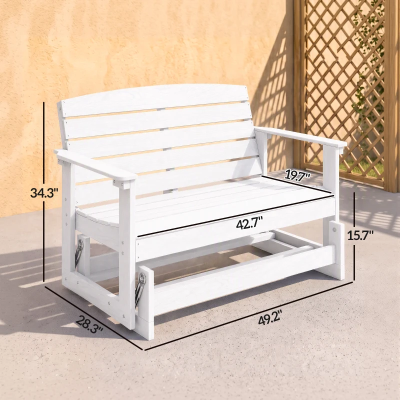 Outsunny Patio Glider Bench w/ HDPE Slatted Double Rocking Chair, Distressed White