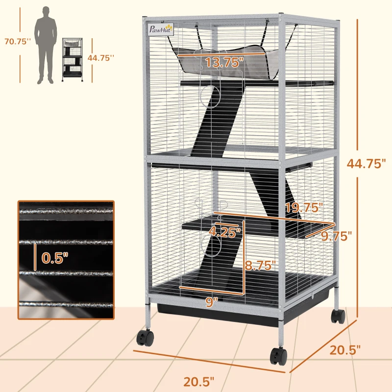 PawHut 45" H Rolling Small Animal Cage with Hammock, Ferret Cage, Chinchilla Cage, Pet Habitat with 6 Doors, Removable Tray