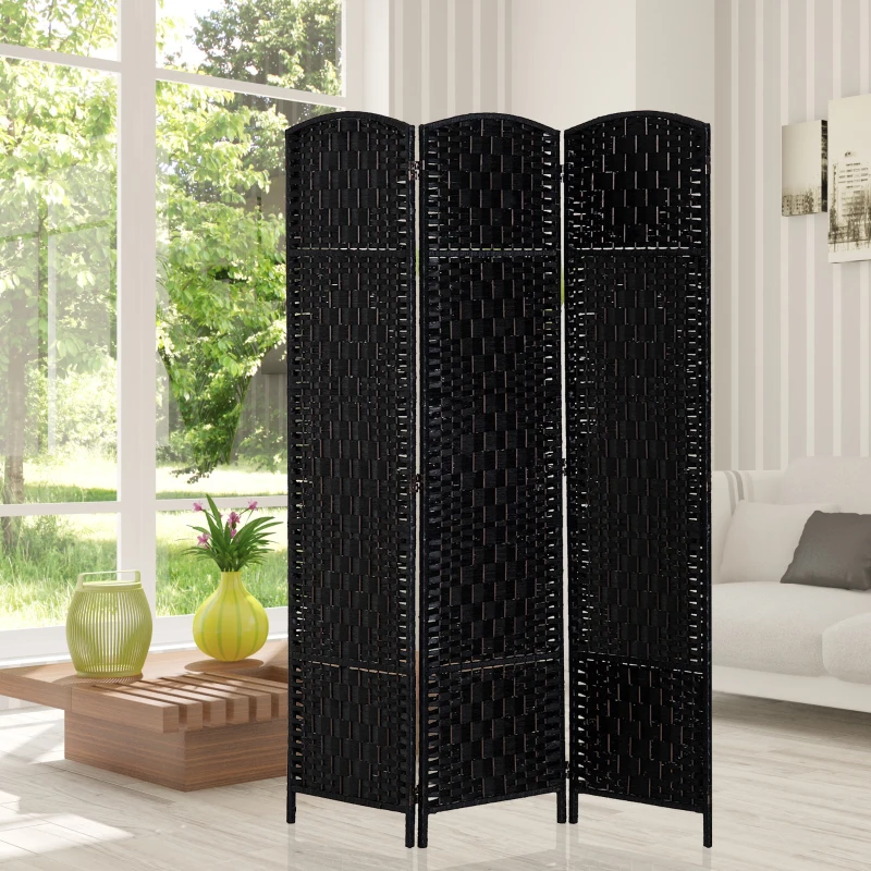 HOMCOM Room Divider 3 Panel, 6FT Tall Folding Privacy Screen, Freestanding Hand-Woven Partition for Room Separation with 360° Hinges, Paper Rope Diamond Weave, Black