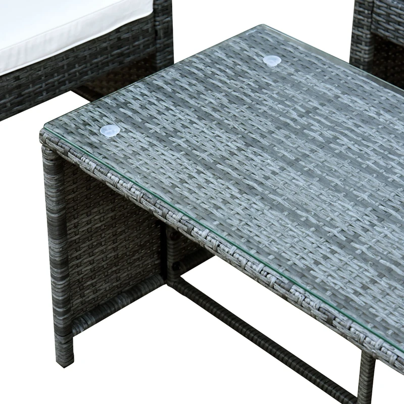 Outsunny 4pcs Outdoor Patio Furniture Set, 2 Plastic Rattan Chairs, 1 PE Wicker Loveseat Sofa, 1 Center Coffee Table with Tempered Glass Table-Top, Soft Cushions for Backyard, Garden, Grey