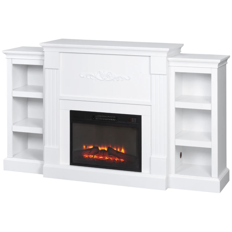 HOMCOM Electric Fireplace Mantel TV Stand for TV's up to 46", Living Room Media Entertainment Console with Adjustable Storage Shelves, White
