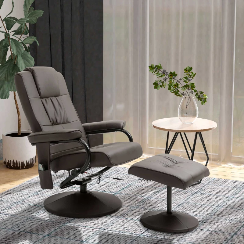 HOMCOM Massaging Faux Leather Recliner Chair and Ottoman Set, Swivel Vibration Massage Lounge Chair with Remote Control for Living Room, Bedroom, or Office, Brown