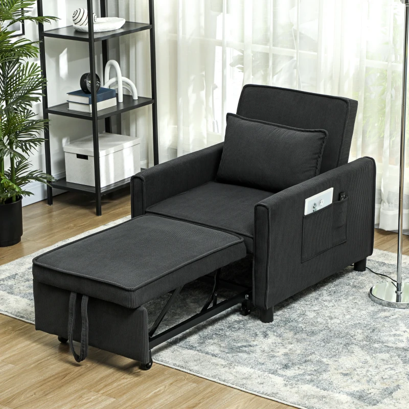 HOMCOM 3-in-1 Convertible Chair Bed, Pull Out Sofa Bed Sleeper Chair with Adjustable Backrest, Pillow, and Pockets, Dark Gray