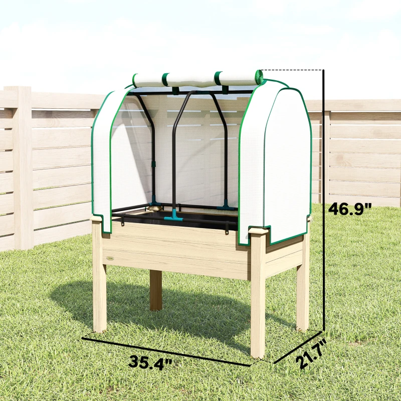 Outsunny Raised Garden Bed with PE Greenhouse Cover Outdoor Planter Box for Herbs and Vegetables, 35 x 22 x 47 inch, Natural