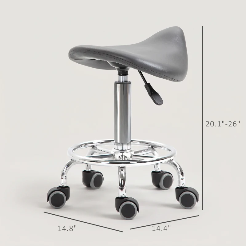 HOMCOM PU Leather Adjustable Stool, Rolling Saddle Stool with Wheels for Massage, Spa, Clinic, Beauty and Tattoo, Gray