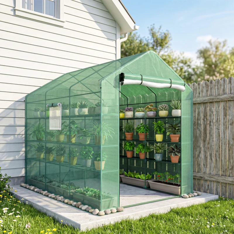 Outsunny 8' x 6' x 7' Temporary Greenhouse for Growing Flowers with Mesh Door & Windows Green