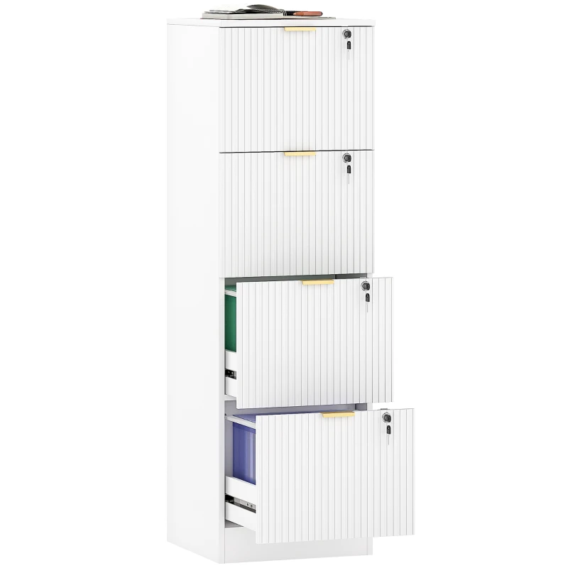 HOMCOM Lockable Filing Cabinet with 4 Fluted Drawers, File Cabinet with Adjustable Hanging Rails for A4 Letter Files, White