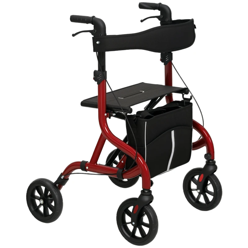 HOMCOM Foldable Rollator Walker with Seat for Seniors, Lightweight Rolling Walker with Adjustable Handles, Red
