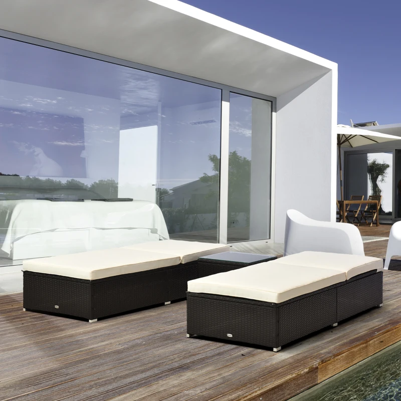 Outsunny Chaise Lounge Chair Set of 2 with 5 Angle Backrest, Outdoor Coffee Table, Water Repellent Cushions, PE Rattan Wicker Poolside Chairs, 3-Piece Pool Furniture Set, Dark Brown/Cream White