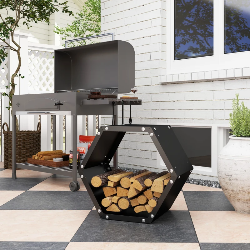Outsunny Hexagon Firewood Log Rack Heavy-Duty Steel Log Holder for Outdoor Indoor Use, 25.6" x 14.6" x 22.4", Black