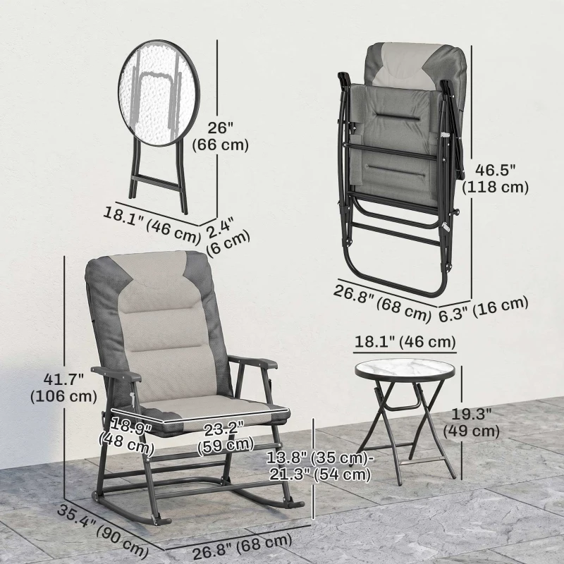 Outsunny 3-Piece Outdoor Foldable Rocking Chair Set, Light Grey