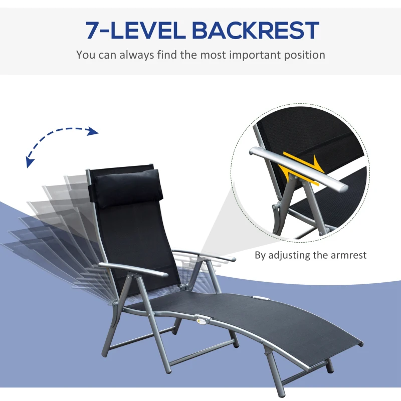 Outsunny Chaise Lounge Foldable Outdoor Chair, Portable, 7-Position Adjustable Reclining Tri-fold Chair for Camping, Sunbathing & Tanning at the Beach, Swimming Pool with Pillow, Black