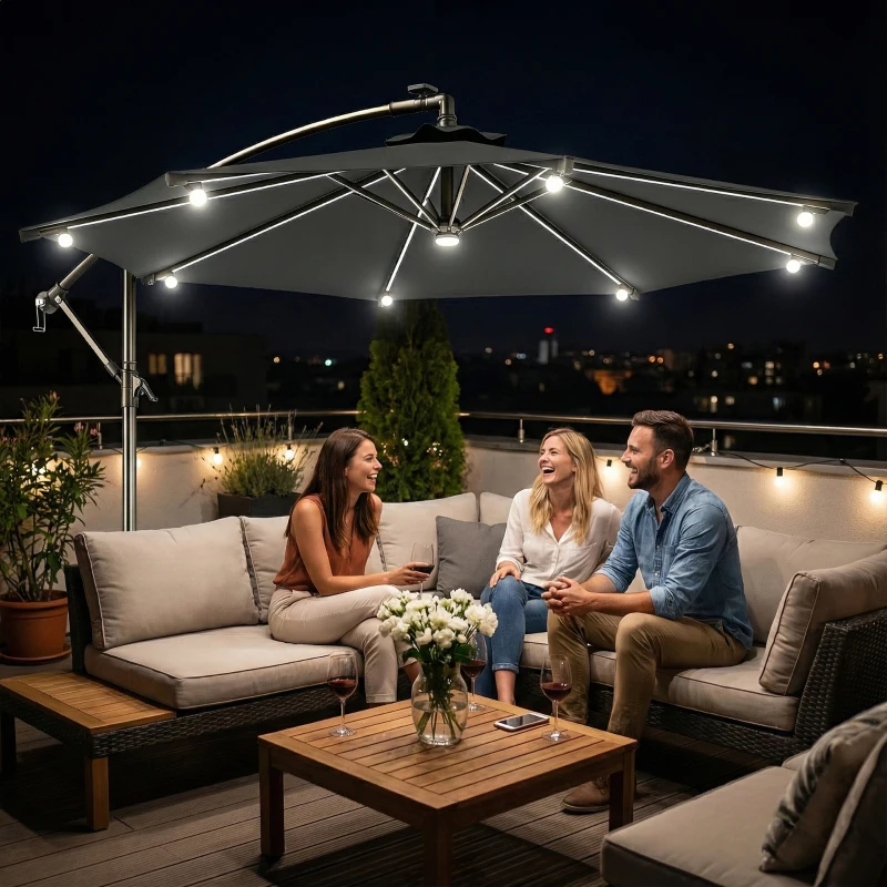 Outsunny 8.8FT Cantilever Patio Umbrella with Solar Powered LED Lights, Crank Handle, Cross Base for Outdoor Sun Shade, Grey
