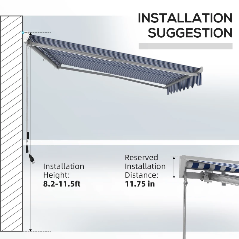 Outsunny 13' x 10' Electric Awning, Retractable Awning with LED Lights and Remote Controller for Door and Window, Blue and White