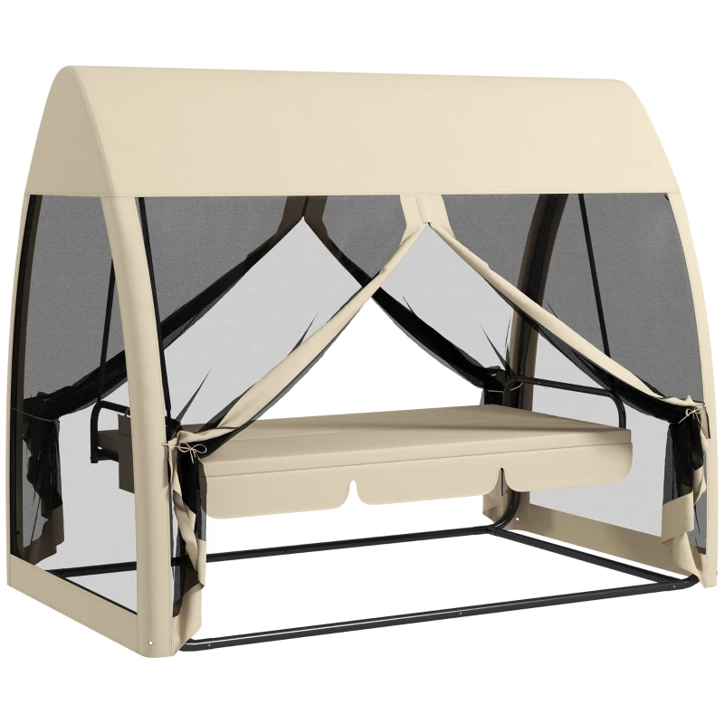 Outsunny 3 Seat Outdoor Swing Chair Convertible Covered Day Bed with Canopy, Mesh Netting, Steel Stand for Garden, Patio, Coffee