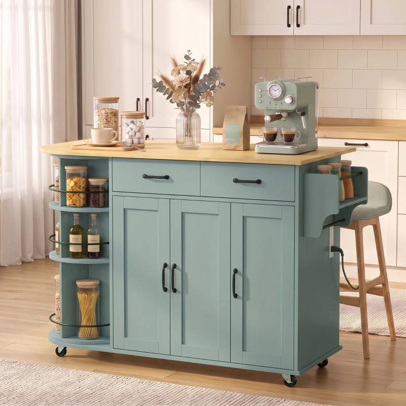 HOMCOM 53" Kitchen Island with Power Outlet and Drop Leaf, Kitchen Cart on Wheels with 360° Rotating Rack, Sage Green