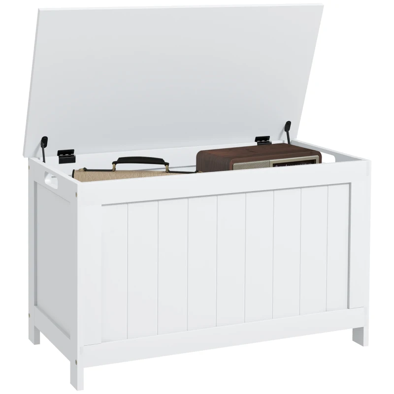 HOMCOM 29.9" Storage Trunk w/ 2 Safety Hinges, Wooden Storage Bench w/ Side Handles, Storage Chest for Playroom, White