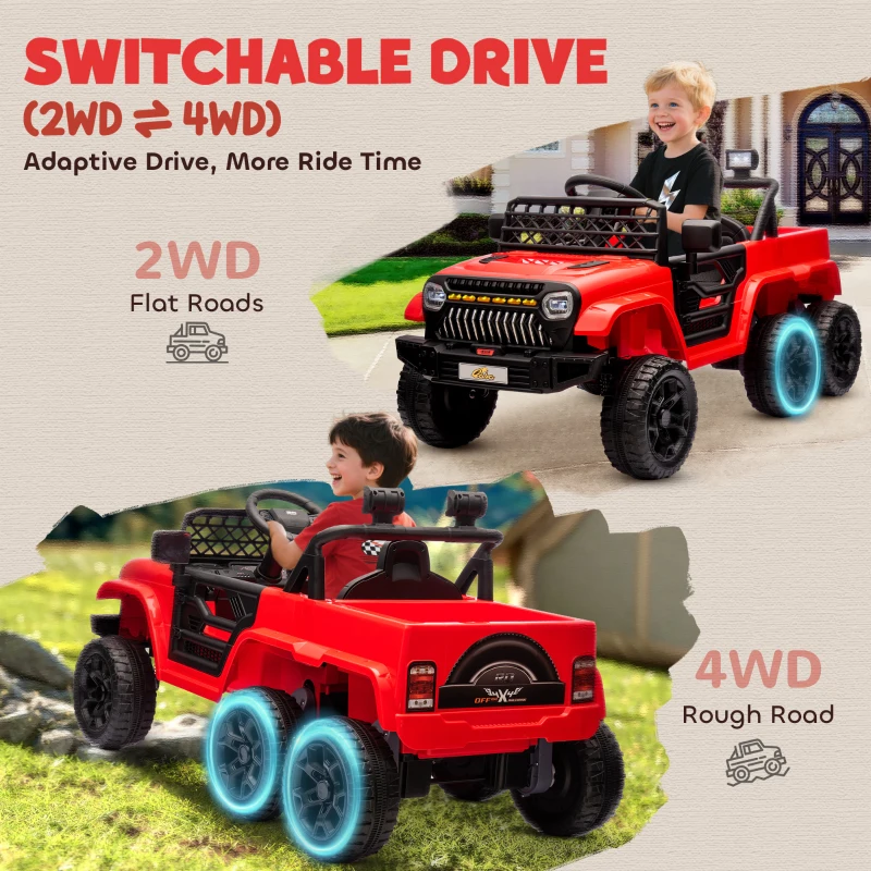 Qaba 12V 4x4 Kids Electric Car w/ 2WD/4WD Switchable, Remote Control, Spring Suspension System, Back Trailer, Red
