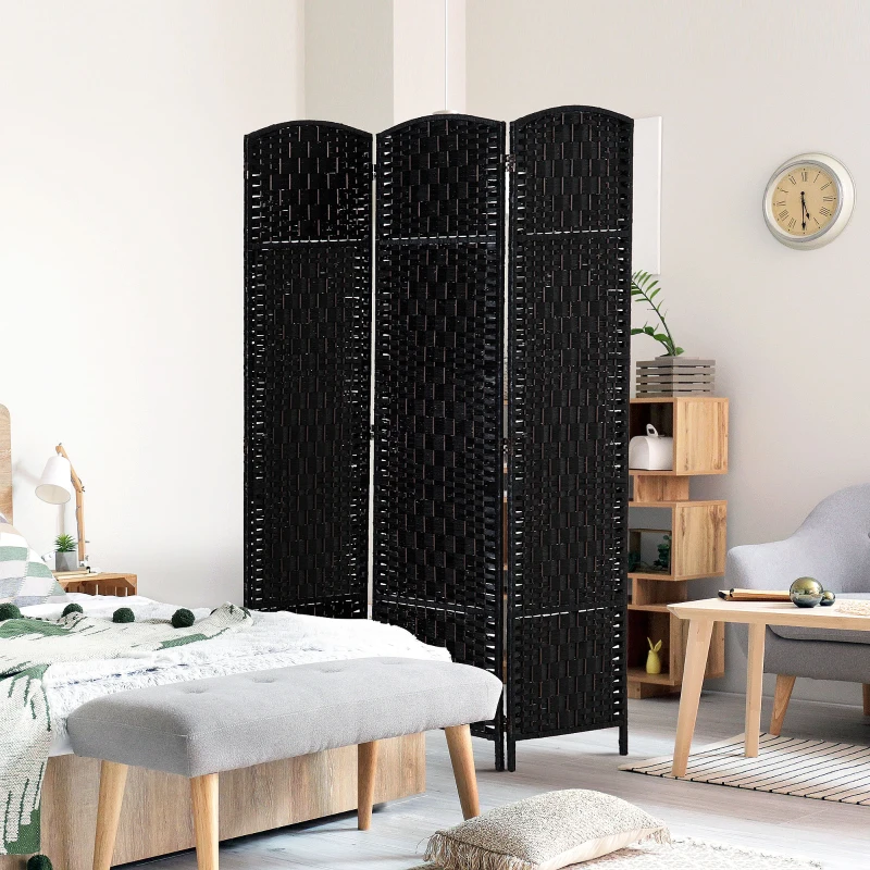 HOMCOM Room Divider 3 Panel, 6FT Tall Folding Privacy Screen, Freestanding Hand-Woven Partition for Room Separation with 360° Hinges, Paper Rope Diamond Weave, Black