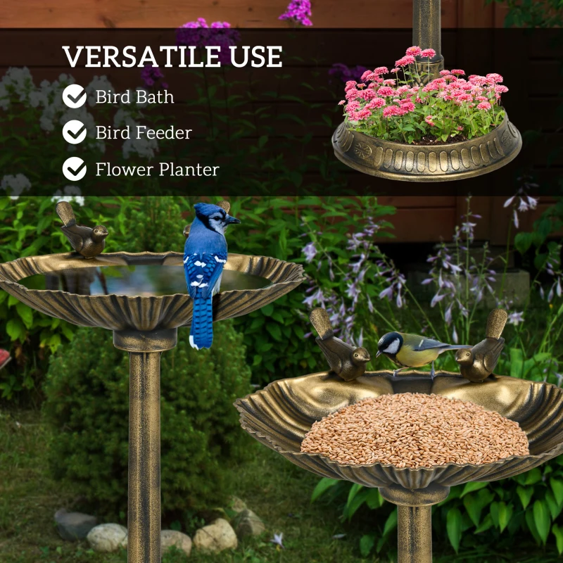 Outsunny 32" Antique Bird Bath Decorative Birdbath Bird Feeder Bowl with Planter Pedestal and Bird Statues, Bronze