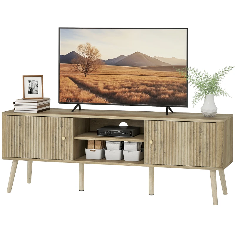HOMCOM TV Stand for 65 Inch Television, Entertainment Center with Adjustable Shelves and Pine Wood Legs for Living Room, Oak(m-2)