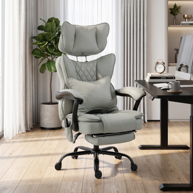 HOMCOM High Back Vibration Massage Office Chair, Heated Reclining PU Leather Computer Chair with Headrest, Gray
