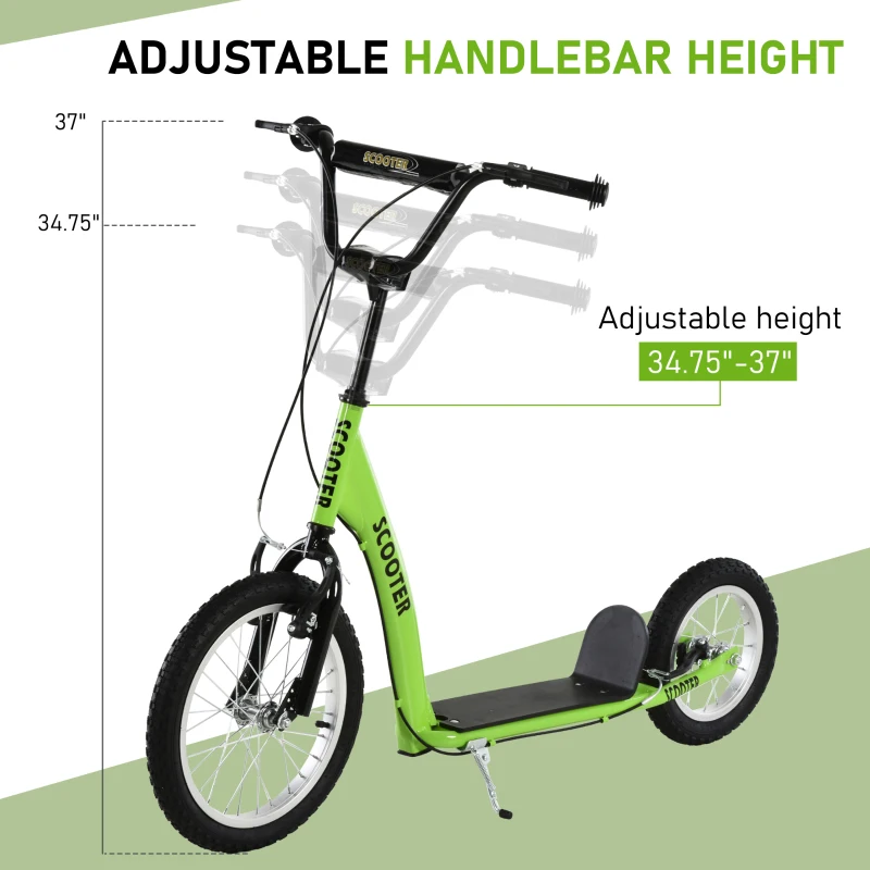 Aosom Youth Scooter Kick Scooter for Kids 5+ with Adjustable Handlebar 16" Front and 12" Rear Dual Brakes Inflatable Wheels, Green