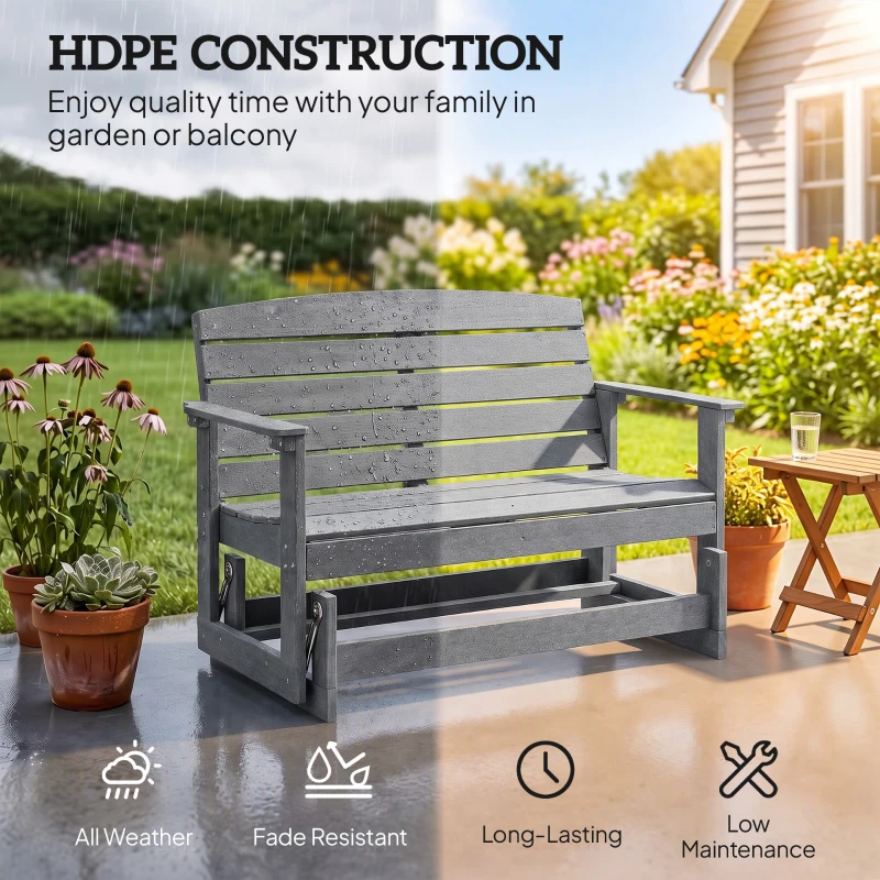 Outsunny Patio Glider Bench w/ HDPE Slatted Double Rocking Chair, Light Gray