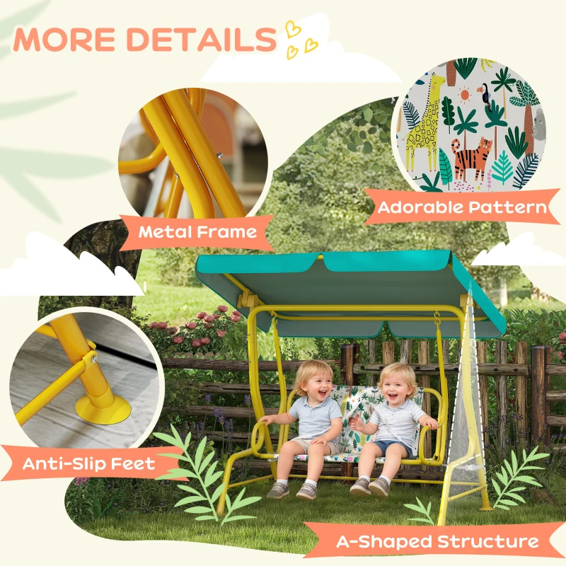 Qaba Kids Porch Swing, 2-Seater Patio Swing Bench with Safety Belts, Adjustable Canopy for Backyard, Garden, Green