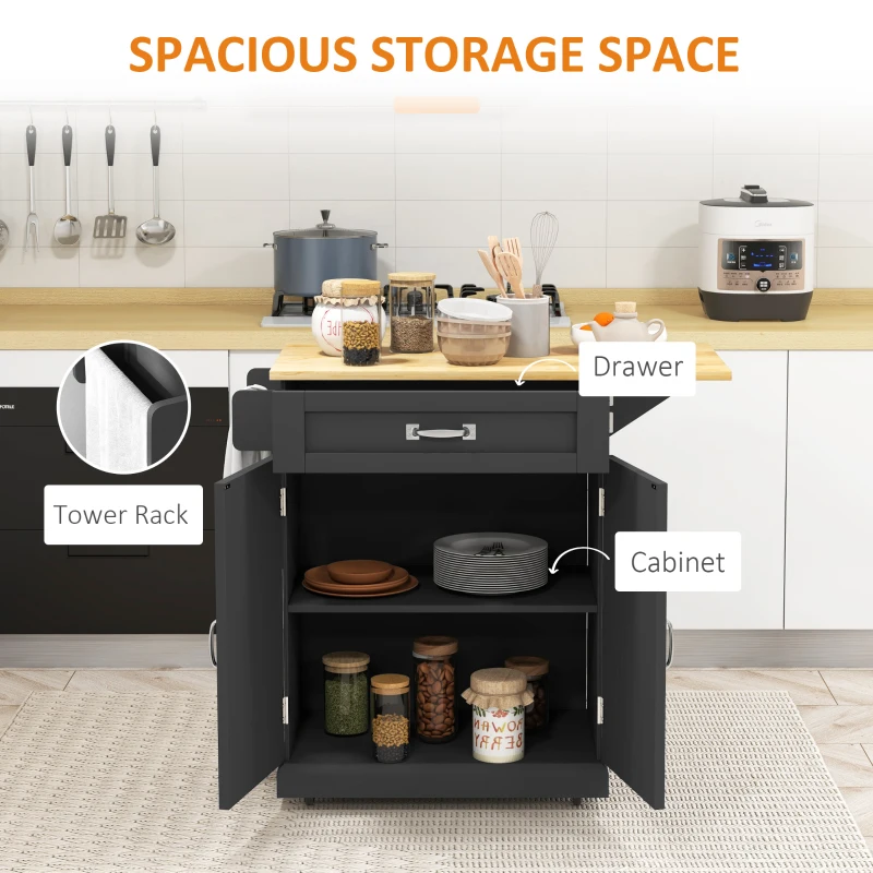 HOMCOM Foldable Kitchen Island with Storage Drawer, Farmhouse Rolling Utility Cart on Wheels with Drop-Leaf Wood Top, Black