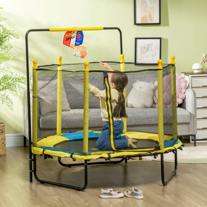 Qaba 4.6' Kids Trampoline with Basketball Hoop, Horizontal Bar, 55" Indoor Trampoline with Net, Yellow