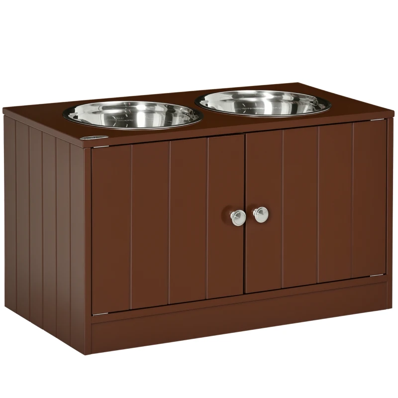 PawHut Elevated Dog Bowls with Storage Cabinet, Raised Dog Bowl Stand Pet Food Bowl Dog Feeding Station, Brown