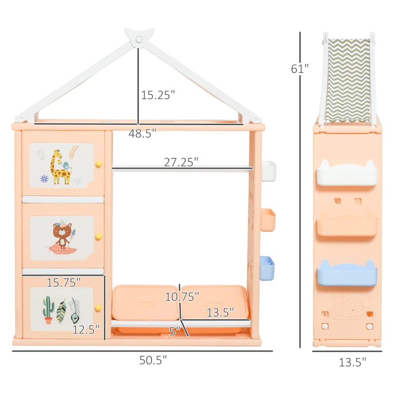 Qaba Kids Dress Up Storage, Multifunctional Kids Wardrobe Closet Hanging Rack Built for Kids Bedroom Storage, Featuring Bins, Cabinets, Top Shelf, and Drop-In Shelves, Orange