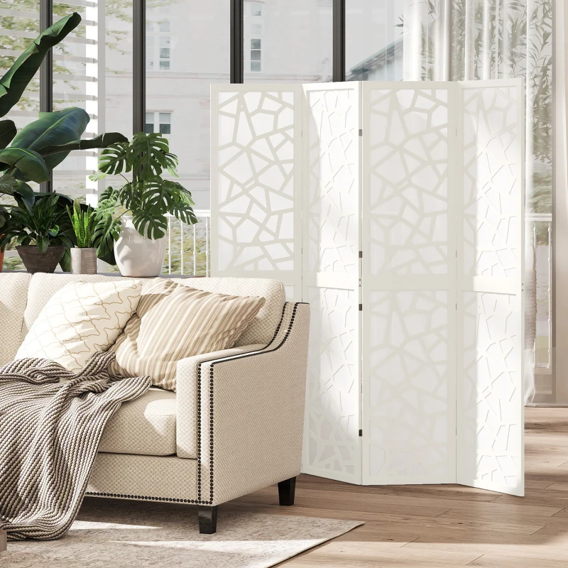 HOMCOM 4 Panel Room Divider, 5.6 FT Lightweight Folding Privacy Screen with Geometric Pattern for Living Room, Bedroom, White