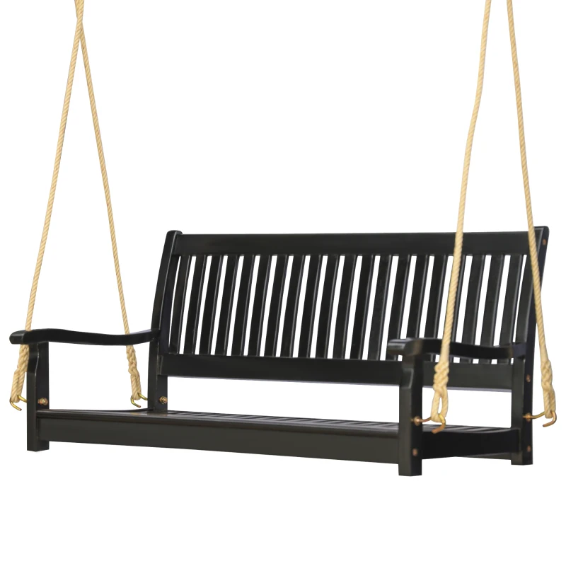 Outsunny 48'' 2-Seater Hanging Porch Swing, Outdoor Patio Wooden Swing Bench w/ Ropes, Slatted Design, 700 lb Weight Capacity, Black