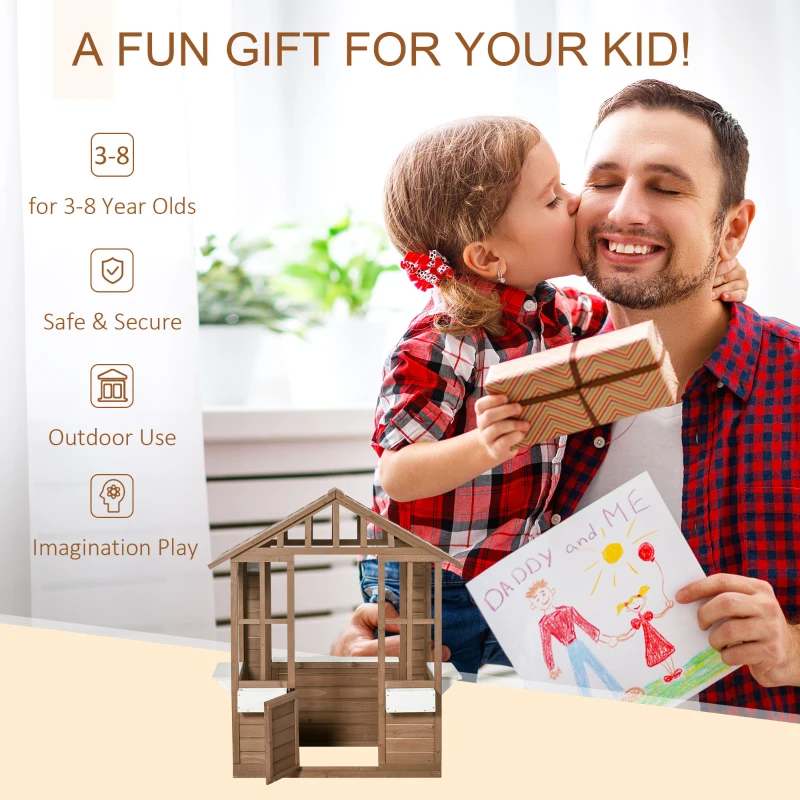 Outsunny Kids Wooden Playhouse, Outdoor Garden Games Cottage with Flowers Pot Holder, Working Door, Windows, Brown