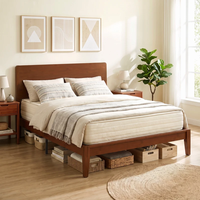 HOMCOM Queen Size Bamboo Platform Bed Frame with Headboard and 12 Poplar Slats, No Box Spring Needed, Easy Assembly, Brown