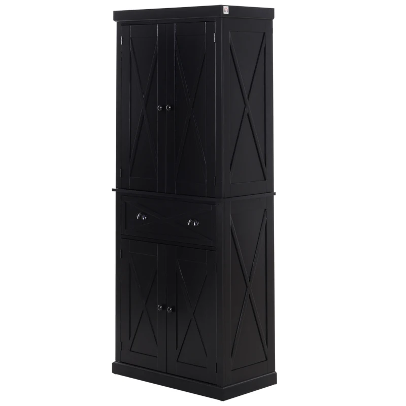 HOMCOM 6ft Wood Farmhouse Colonial Kitchen Pantry Cabinet, with 4 Adjustable Shelves, 2 Wood Pantries, & 1 Drawer, Black